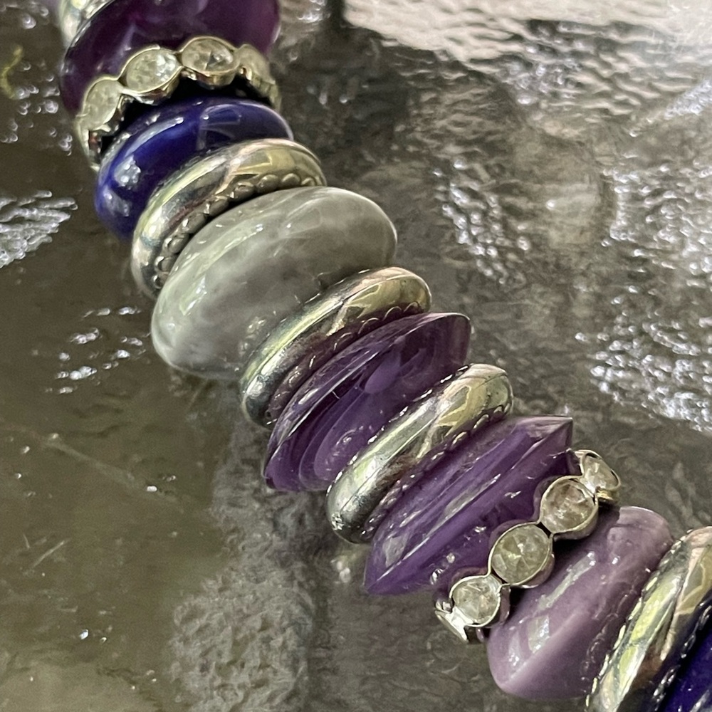 Gemstone Statement Necklace Purple and Silver Rondelle Beads